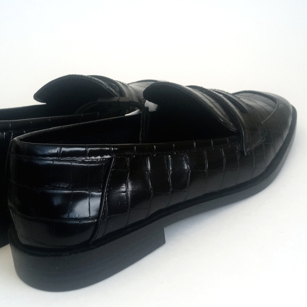Zara Women's Black Alligator Embossed Square Toe Flat Penny Loafers 38 (7.5) - Picture 4 of 16